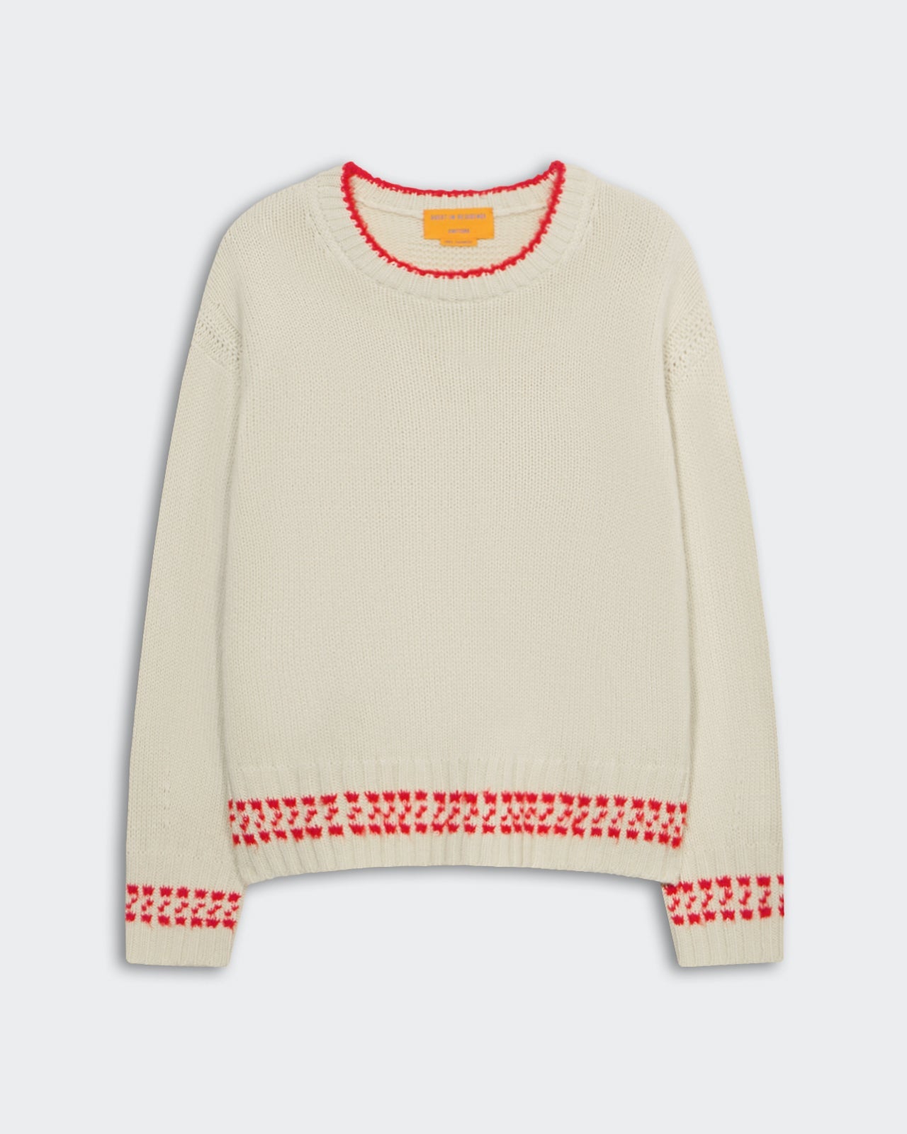 Heavy-weight cozy crewneck sweater in mist color with chili red contrast tipping on hem, cuffs, and neckline