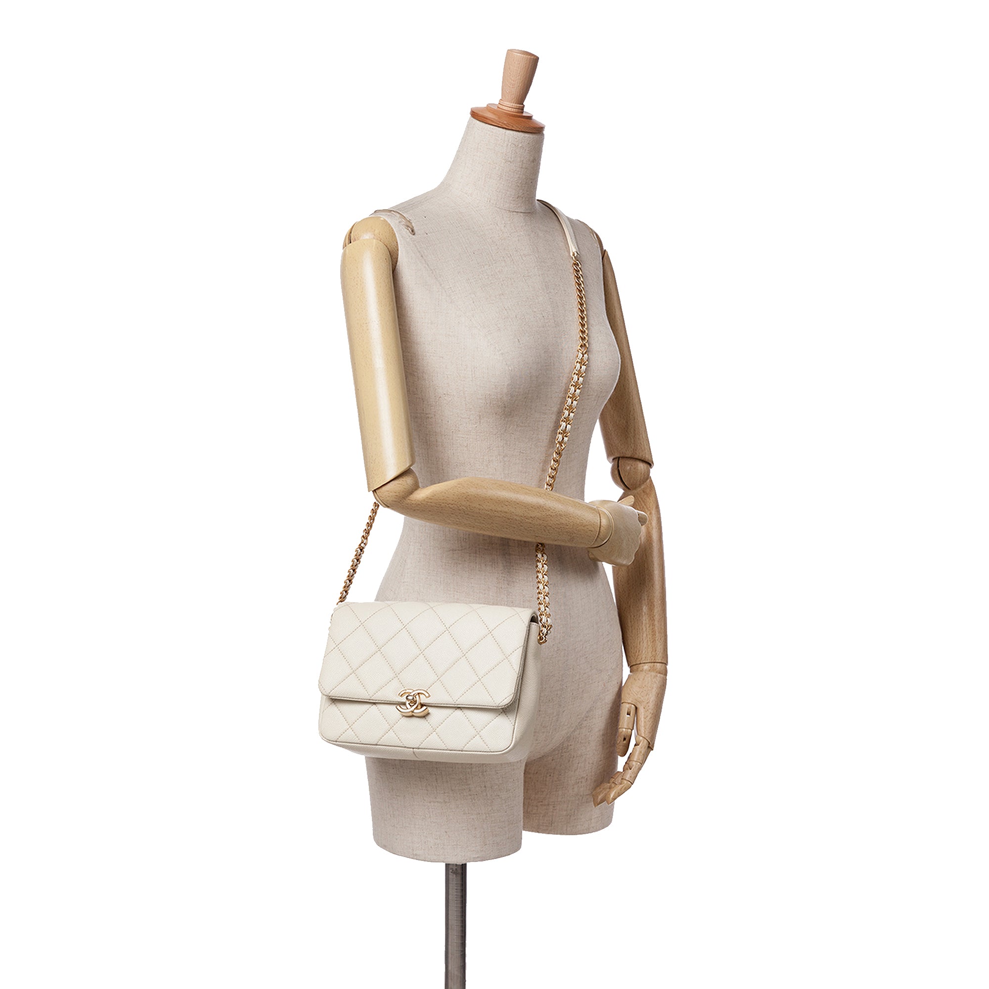 Chanel | Pre-Owned Small Quilted Caviar Chain Melody Flap - I | White/Ivory