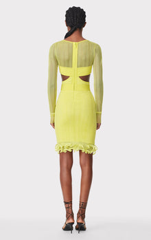 Sheer Layered Long Sleeve Mini Dress With Ruffle | Chartreuse