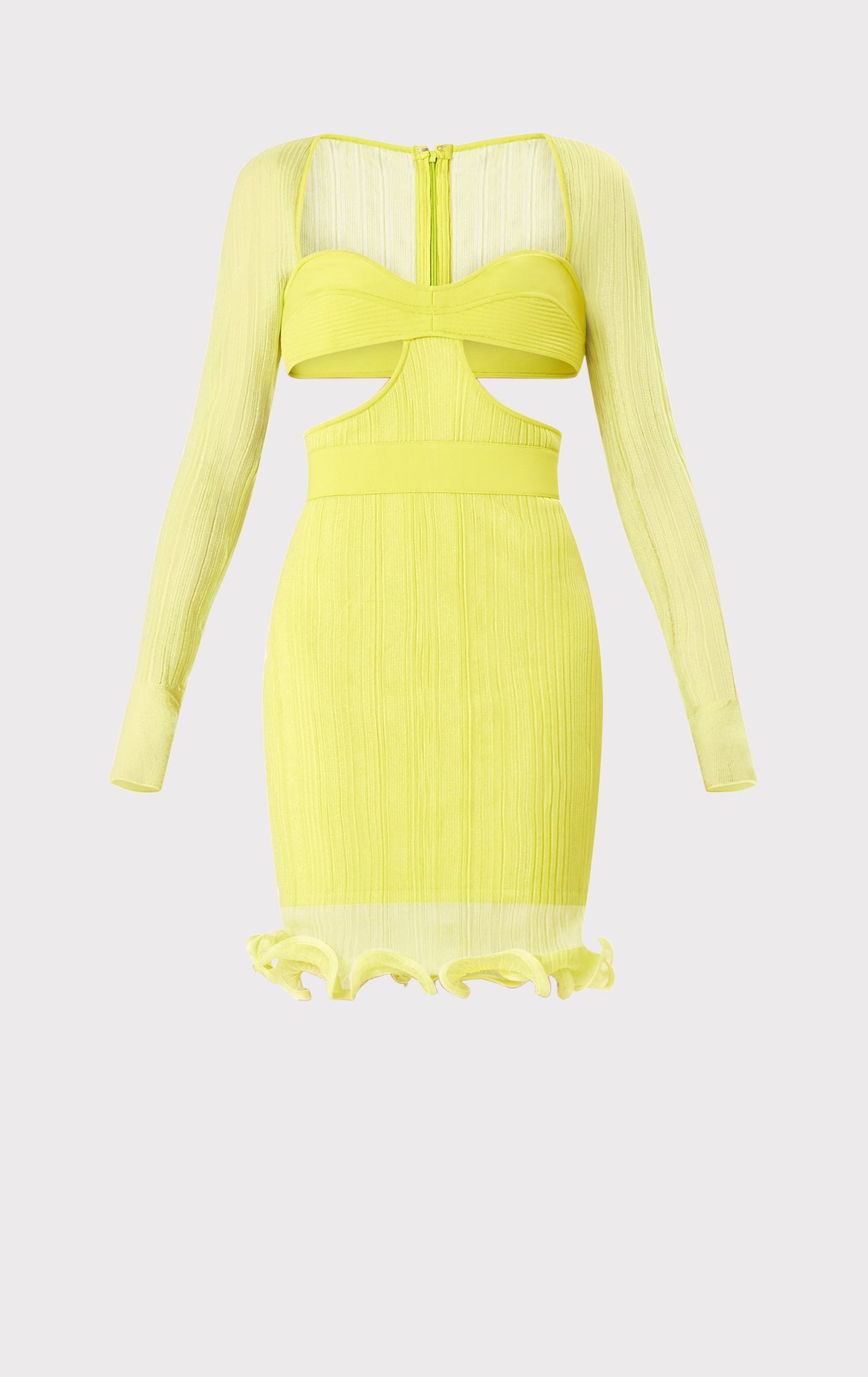 Sheer Layered Long Sleeve Mini Dress With Ruffle | Chartreuse