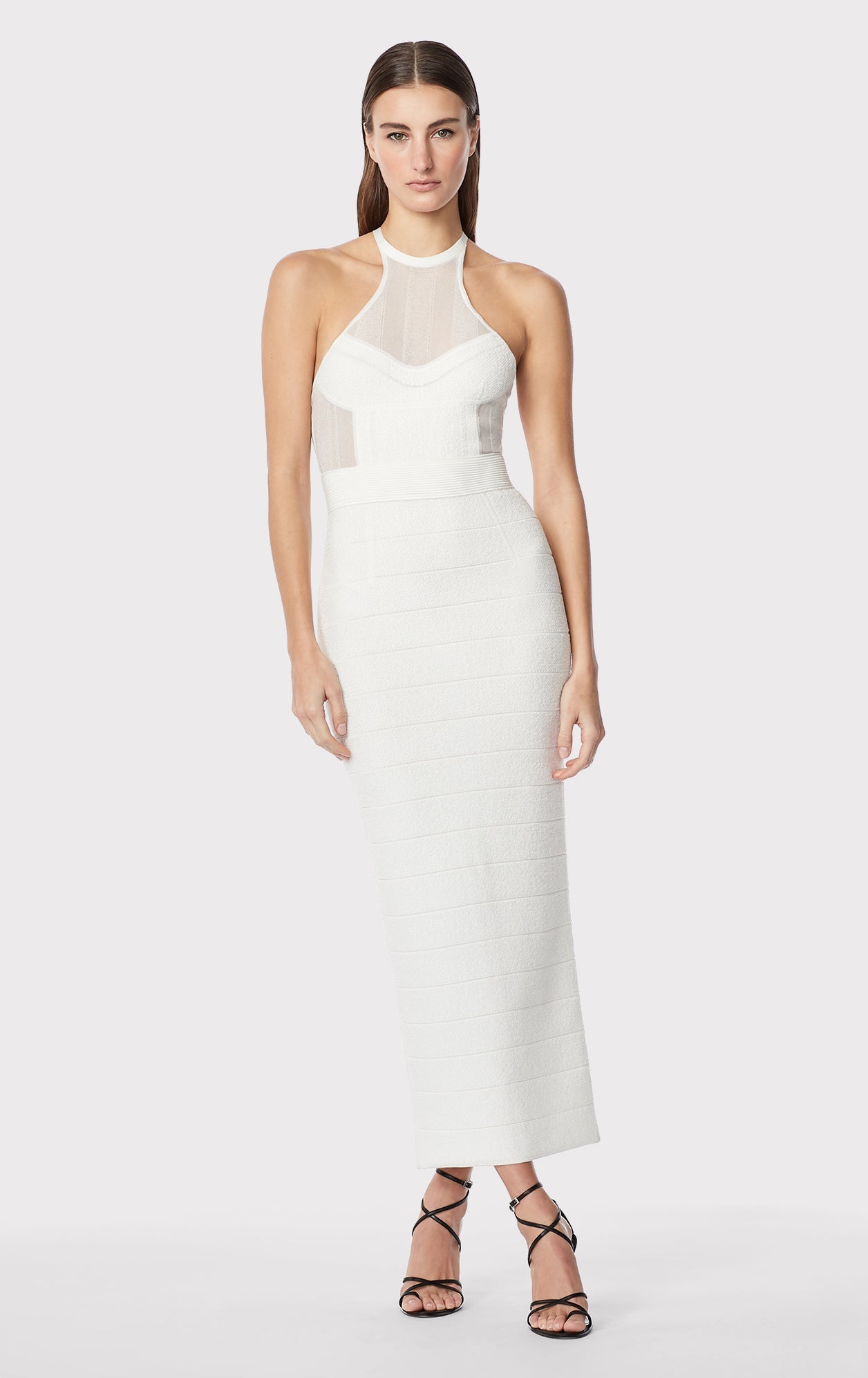 Textured Sheer Bustier Halter Gown | Alabaster