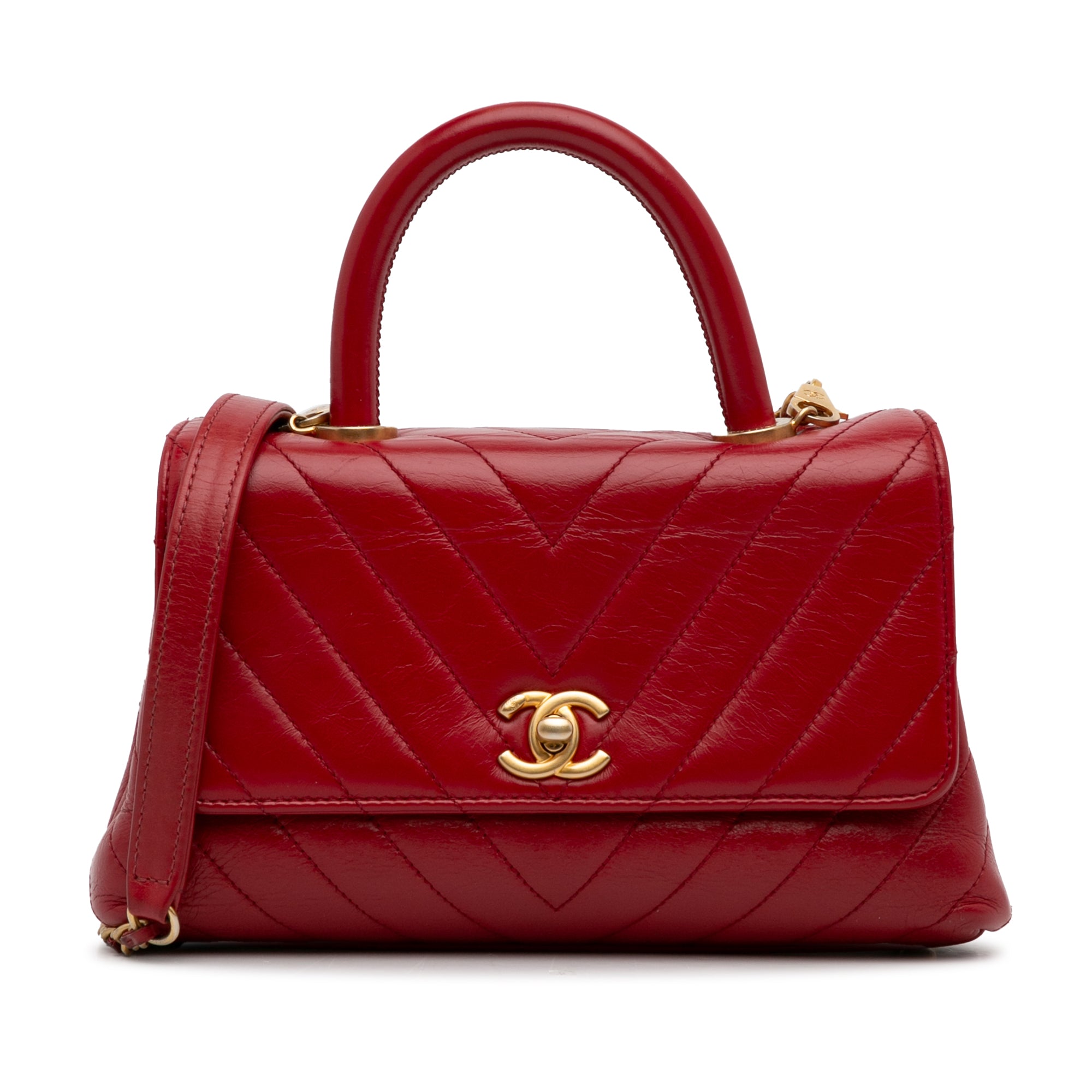 Chanel | Pre-Owned Small Lambskin Chevron Coco Top Handle Bag | Red