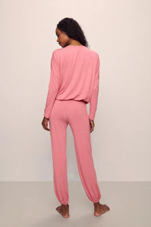Model is wearing Gisele TENCEL Modal Slouchy PJ Set in  Sunkissed Coral/Ivory