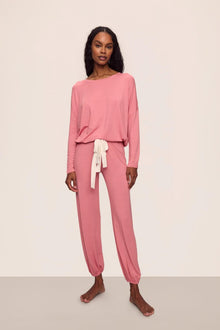 Model is wearing Gisele TENCEL Modal Slouchy PJ Set in  Sunkissed Coral/Ivory