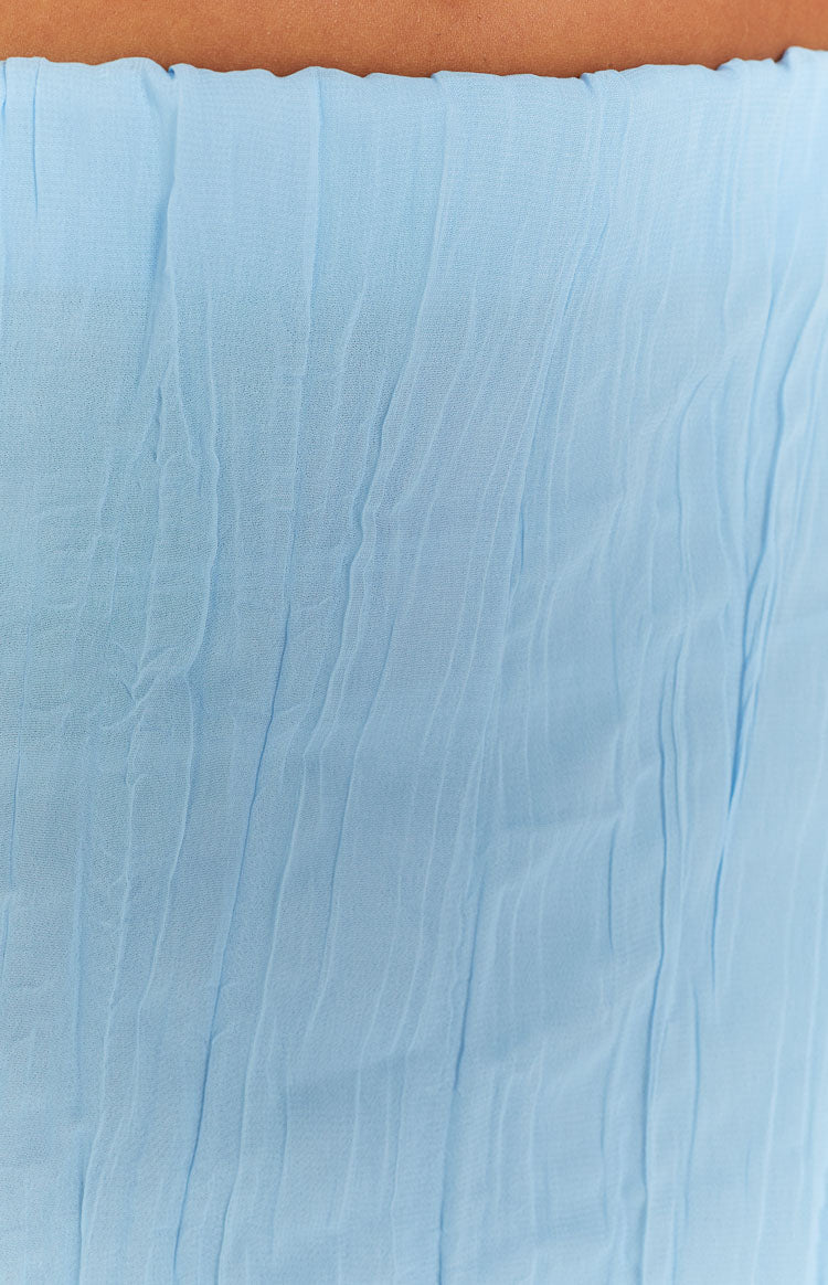 Rear view of a light blue crinkled maxi skirt with a straight fit