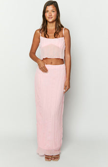 Pink crinkled maxi skirt with a relaxed fit and elasticated waist