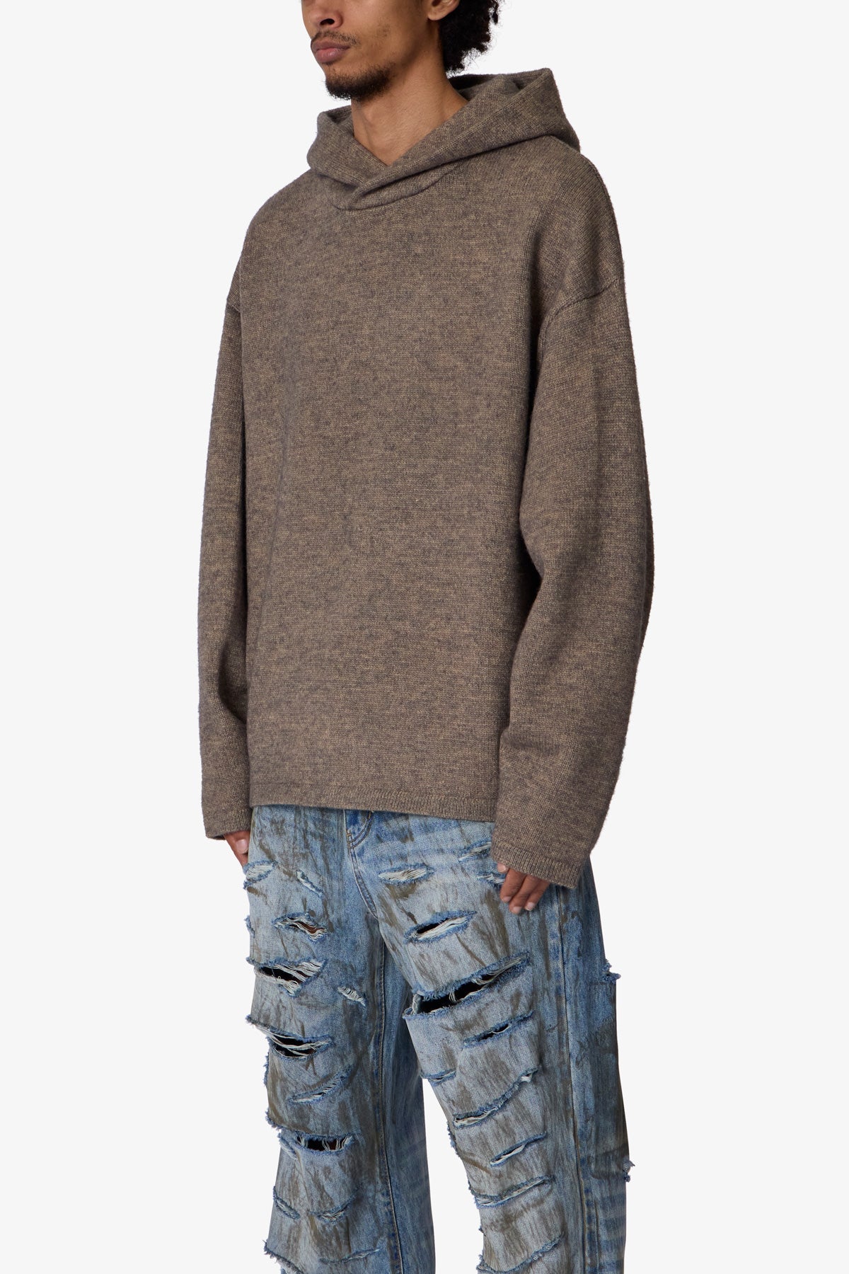 Tonal Grain Knitted Hoodie | Brown