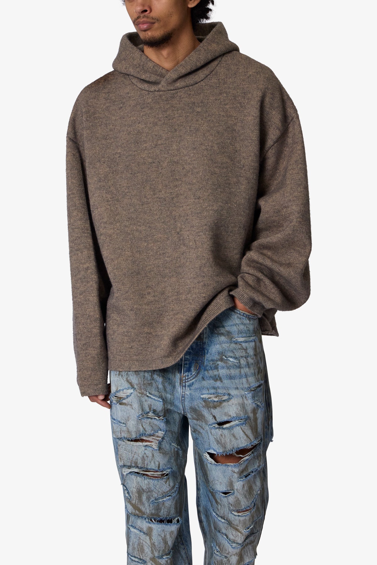 Tonal Grain Knitted Hoodie | Brown