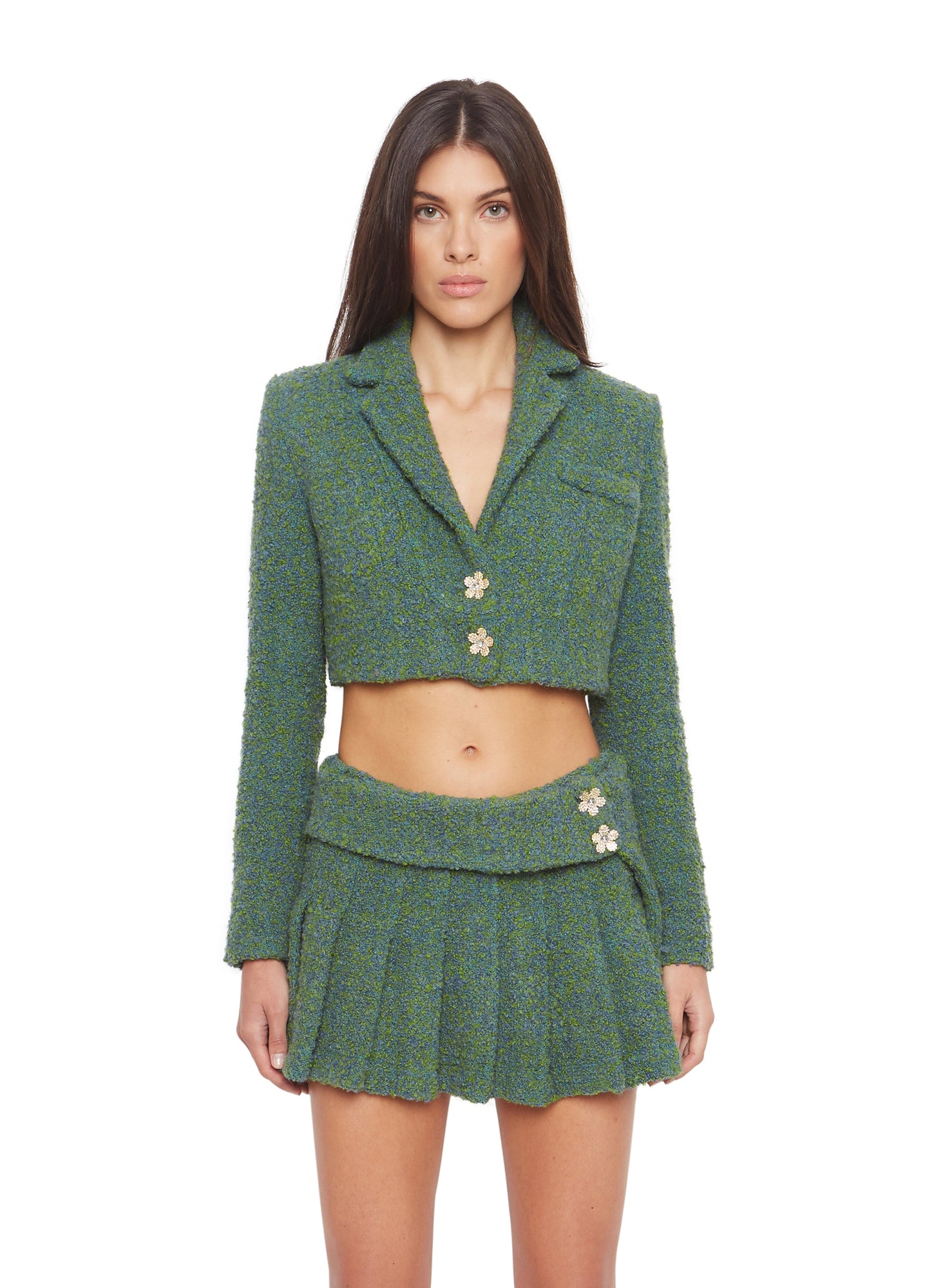 Womens | Tweed Cropped Blazer | Green/Blue Multi