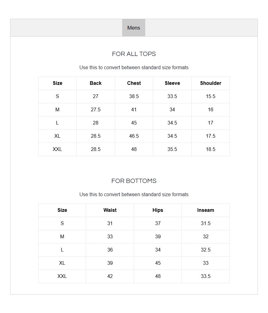 Product size guide