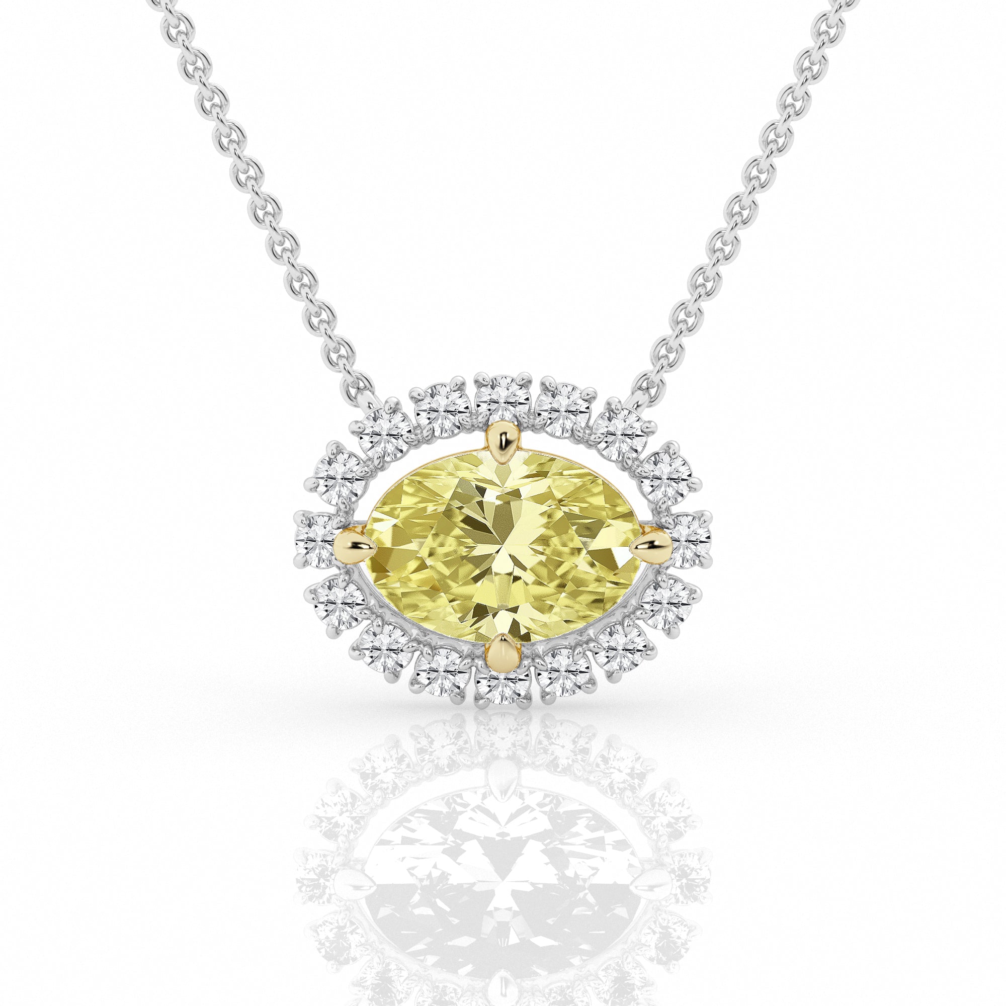2.50 CT Yellow Oval/Round Lab-Grown Diamond | Halo Pendant Necklace | 14K White Gold