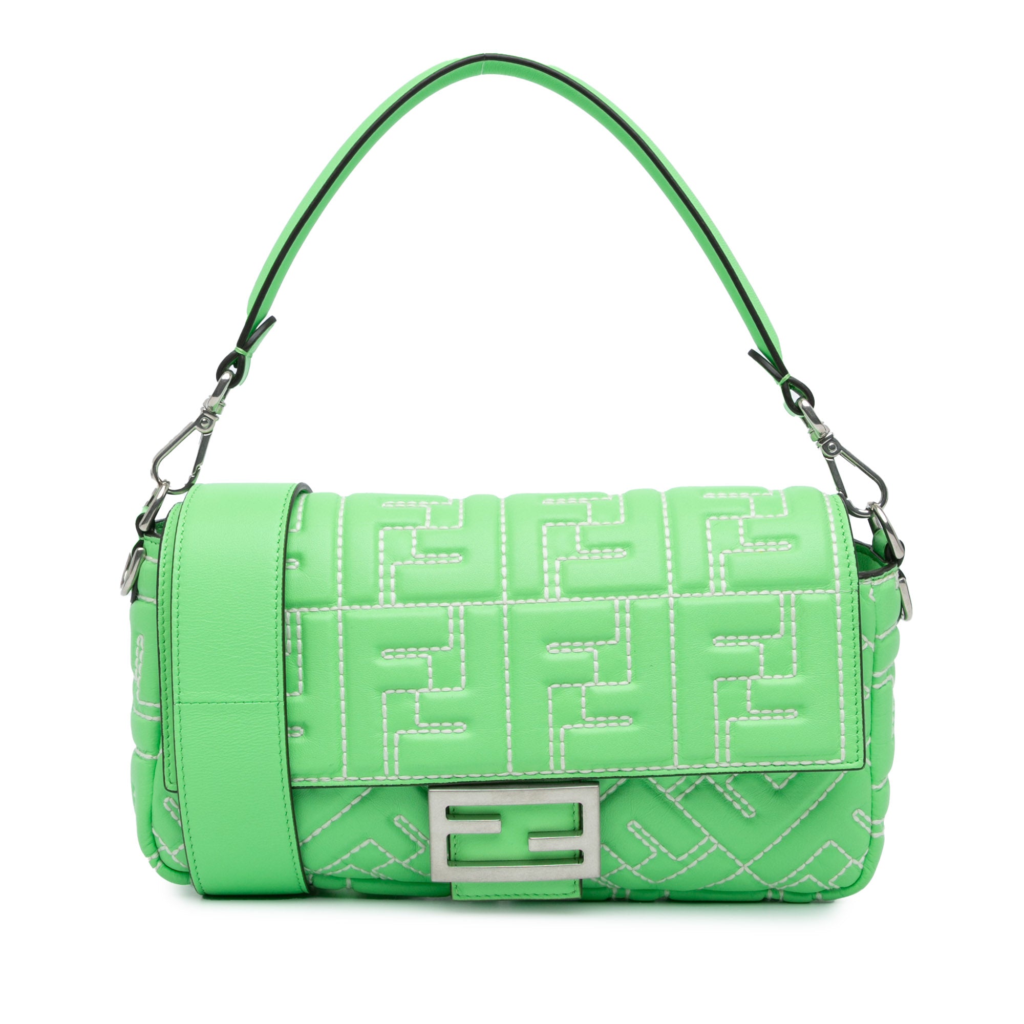 Fendi | Pre-Owned Zucca Embossed Stitched Leather Baguette Satchel - II | Green/Light Green
