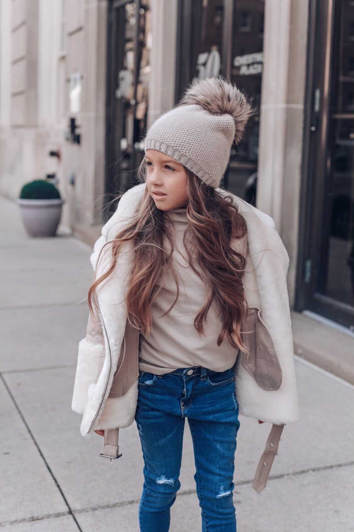 Unisex | Honeycomb Cashmere Beanie with Pom | Beige