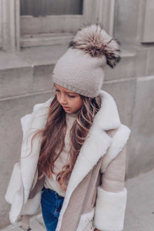Unisex | Honeycomb Cashmere Beanie with Pom | Beige