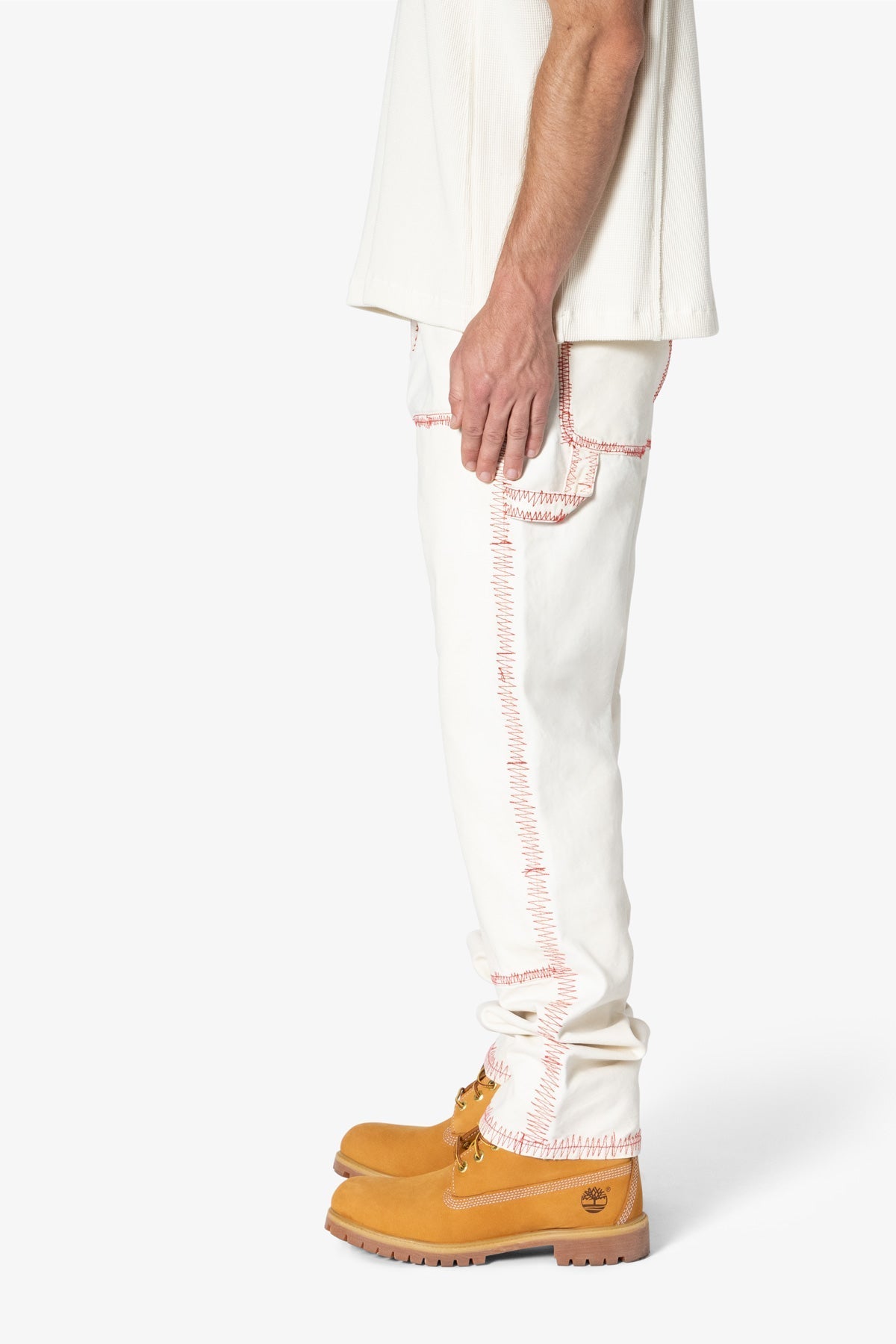 V711 Zig Zag Stitch Baggy Denim | White x Red
