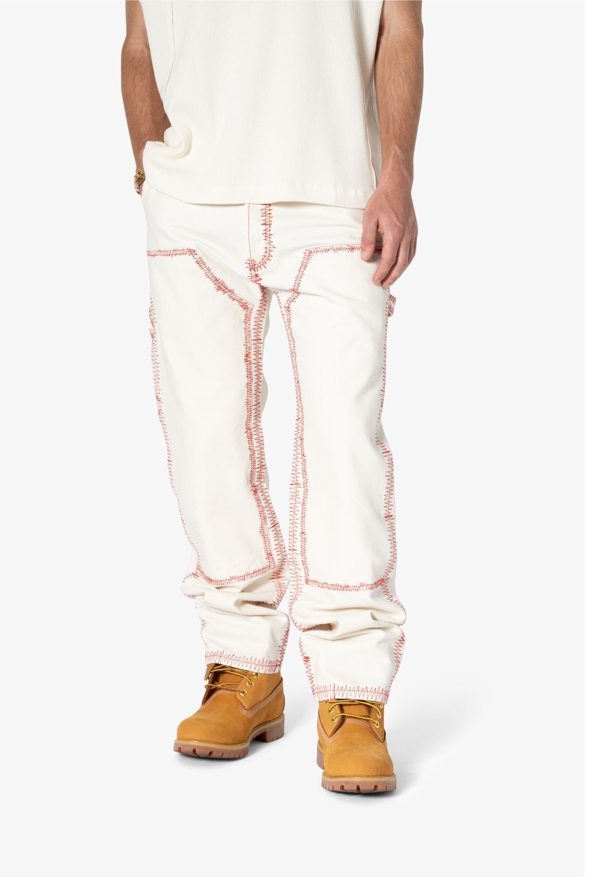 V711 Zig Zag Stitch Baggy Denim | White x Red
