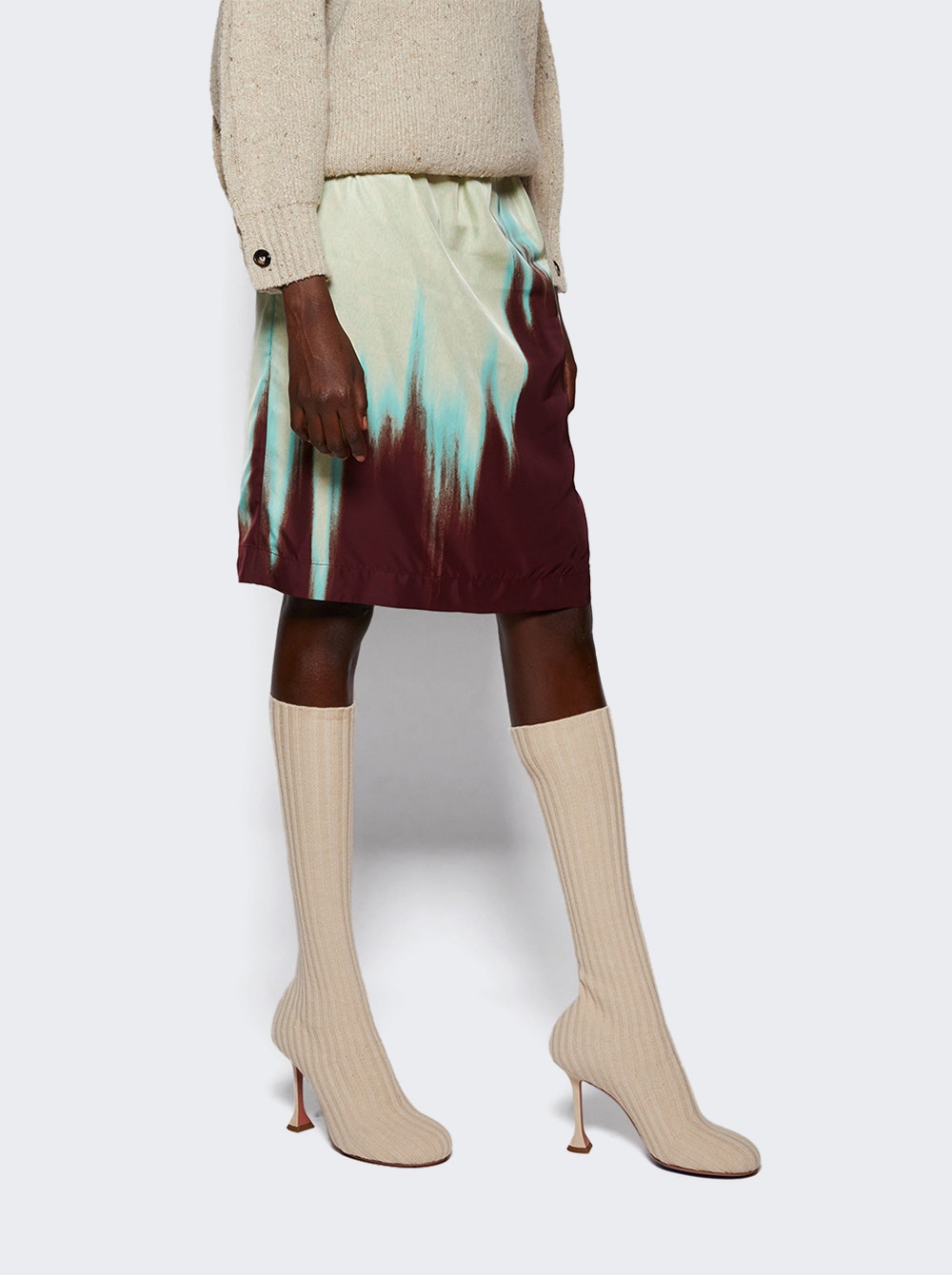 Women | Amina Muaddi | Veneda Stretch Boot Fuzzy Ribbed Knit | Beige