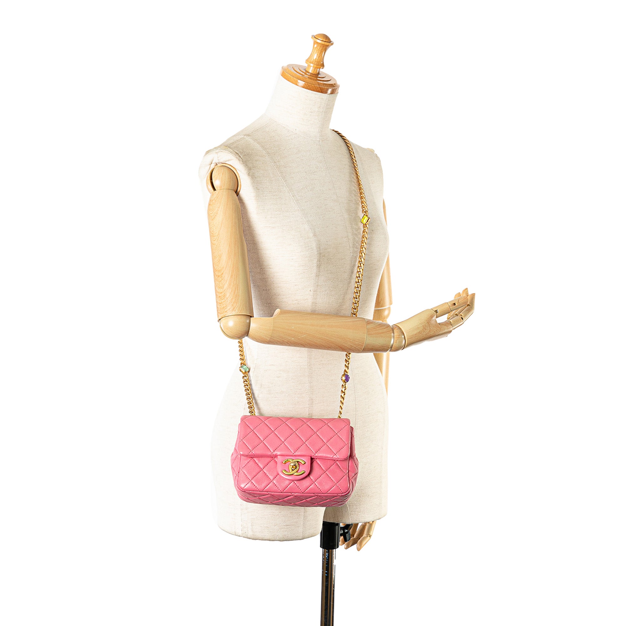 Chanel | Pre-Owned Mini Square Lambskin Pearl Samba Flap | Pink