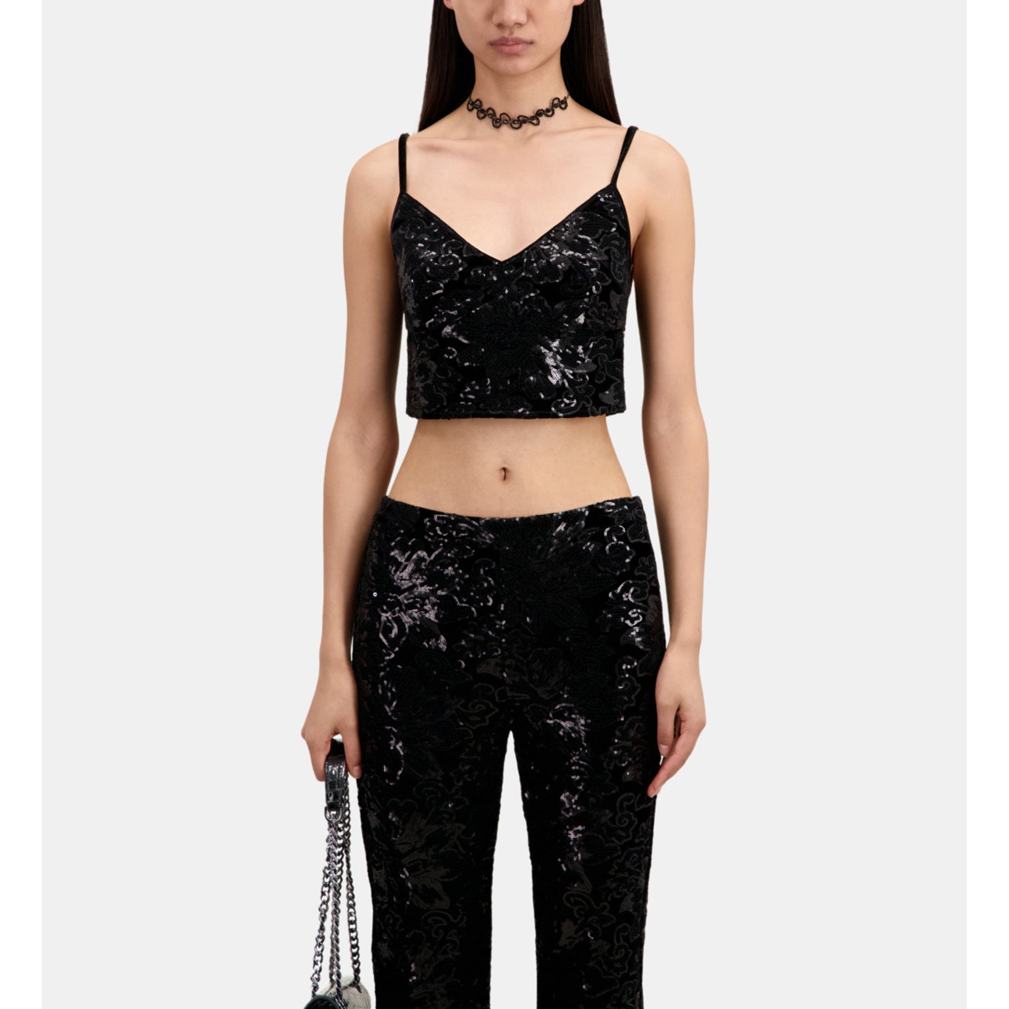 Velvet Cropped Top With Sequins | Women | Black