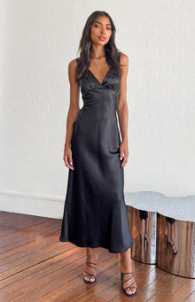 Beginning Boutique Verlaine Black Satin Maxi Dress black satin V-neck thin strap ruched bust fitted flowy maxi dress