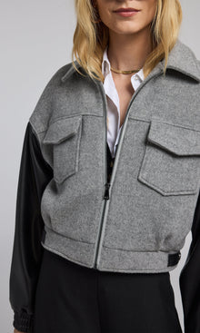 Caspian Wool Vegan Leather Combo Bomber | Grey Melange/Black