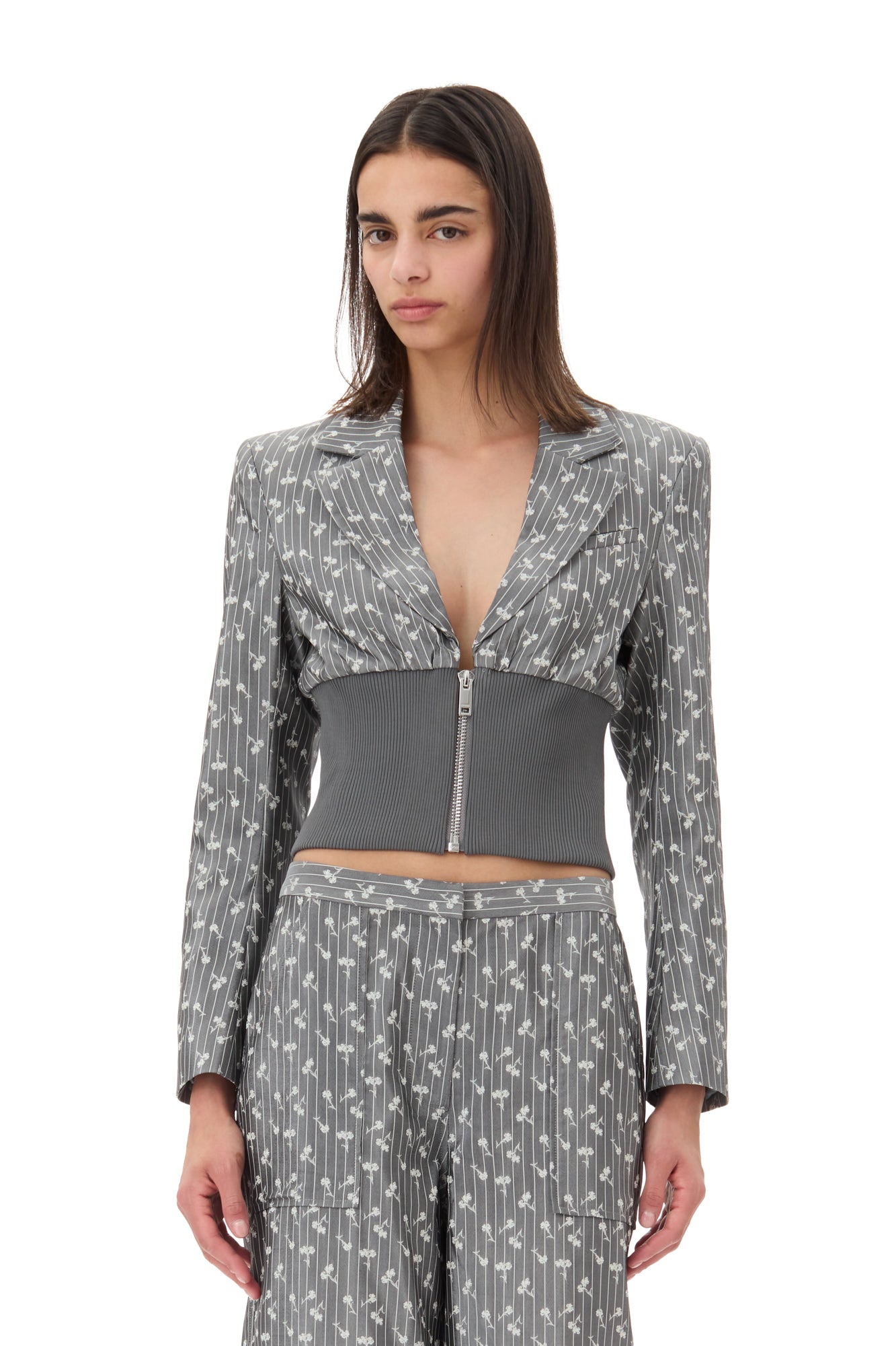 Acetate Jacquard Cropped Blazer | Smoked Pearl