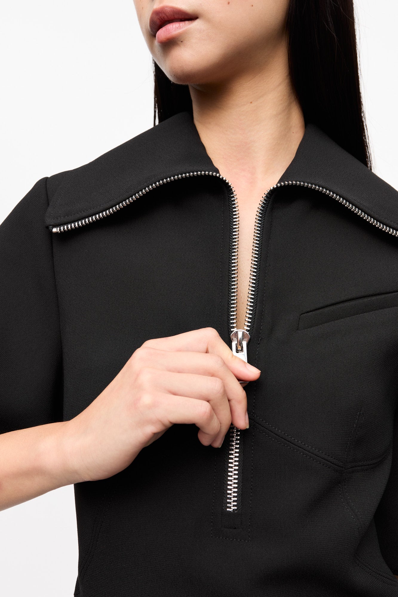 Bonded Crepe Half Zip-Closure Mini Dress | Black