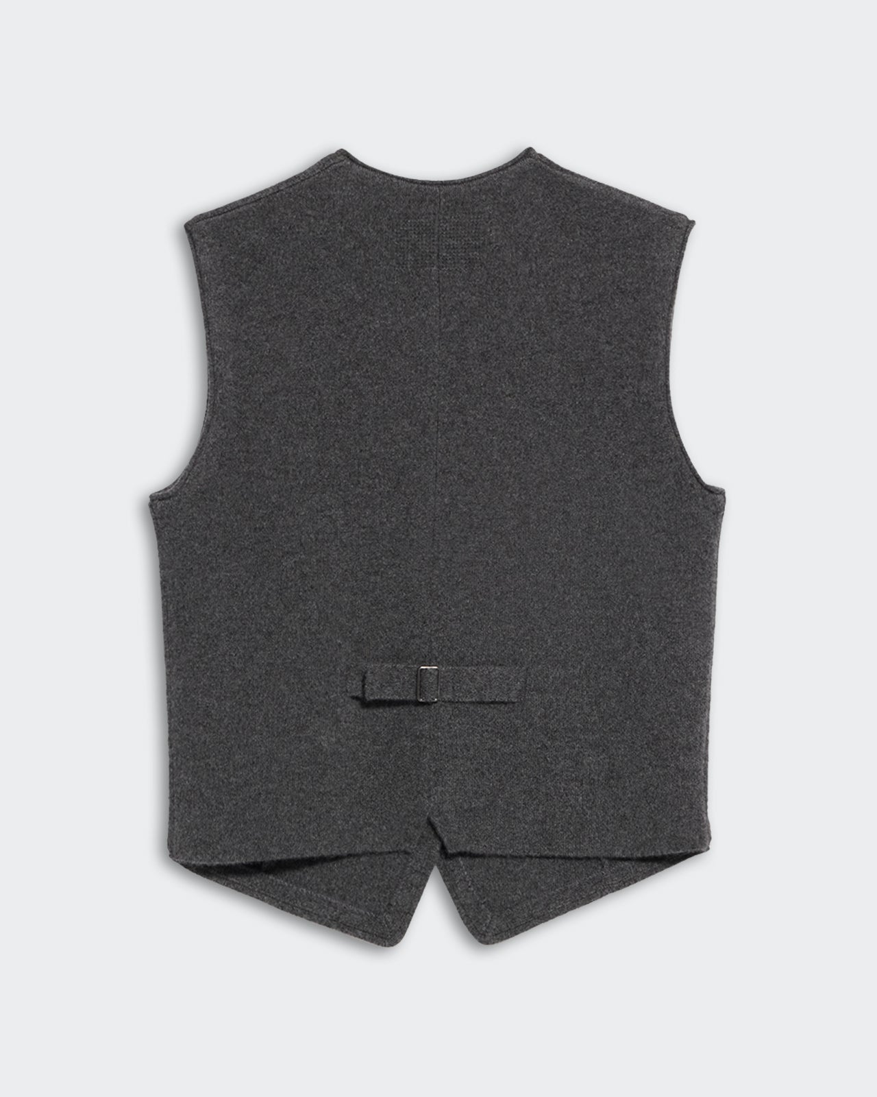 Tailored Vest - Charcoal back view of charcoal grey tailored vest with adjustable strap and notch detail.