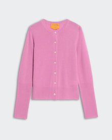 Light-weight rose pink cashmere cardigan with rib hem and cuff, button front closure, and tubular neck trim