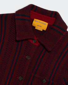 Dylan Stripe Shirt - Ruby Combo close-up showing red and black striped pattern with buttons and collar detail.