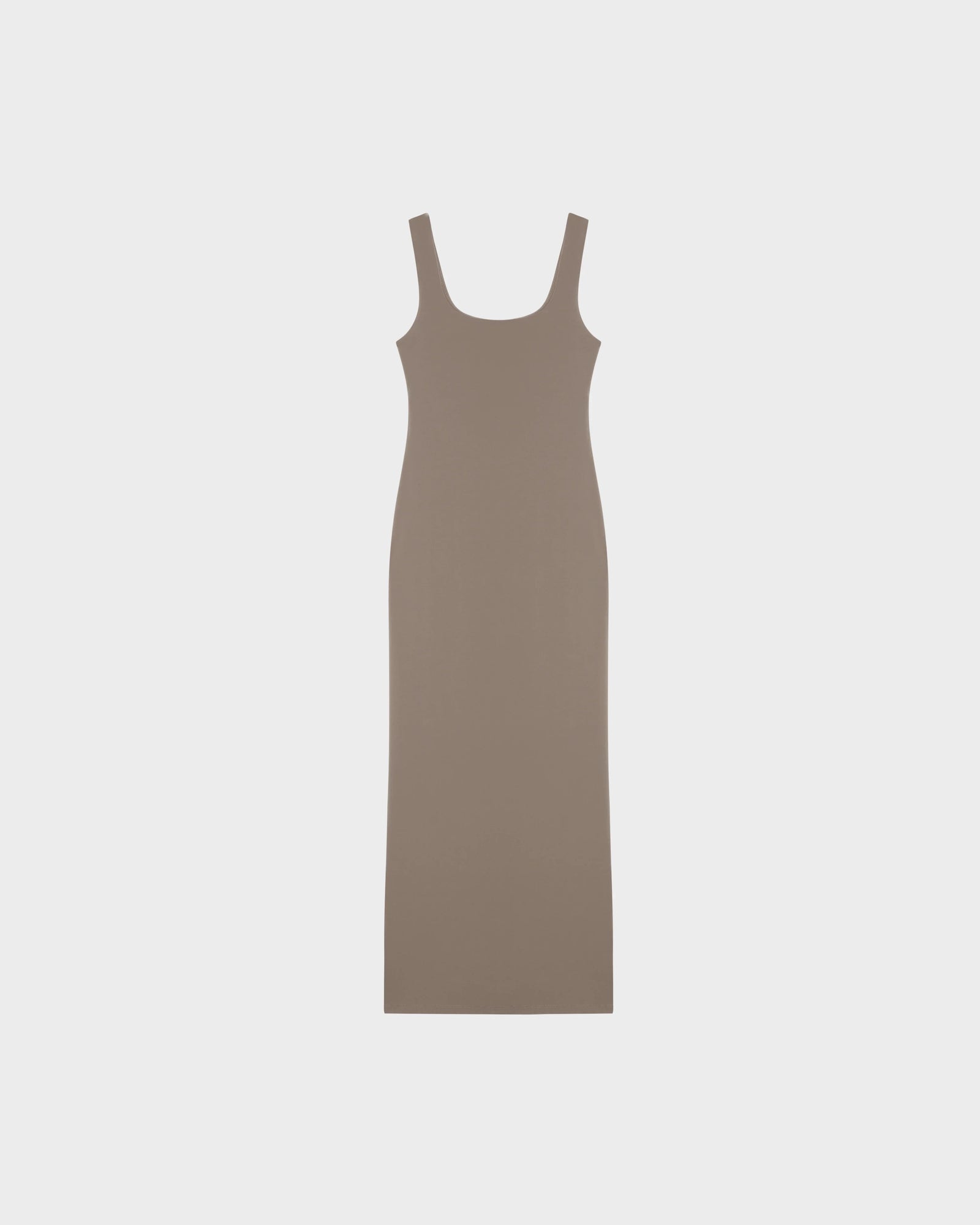 The Rudsak WANDA - 8524035 Cement is a sleeveless, ankle-length women’s maxi dress in fitted taupe stretch performance fabric with a scoop neckline, shown against a plain white background.