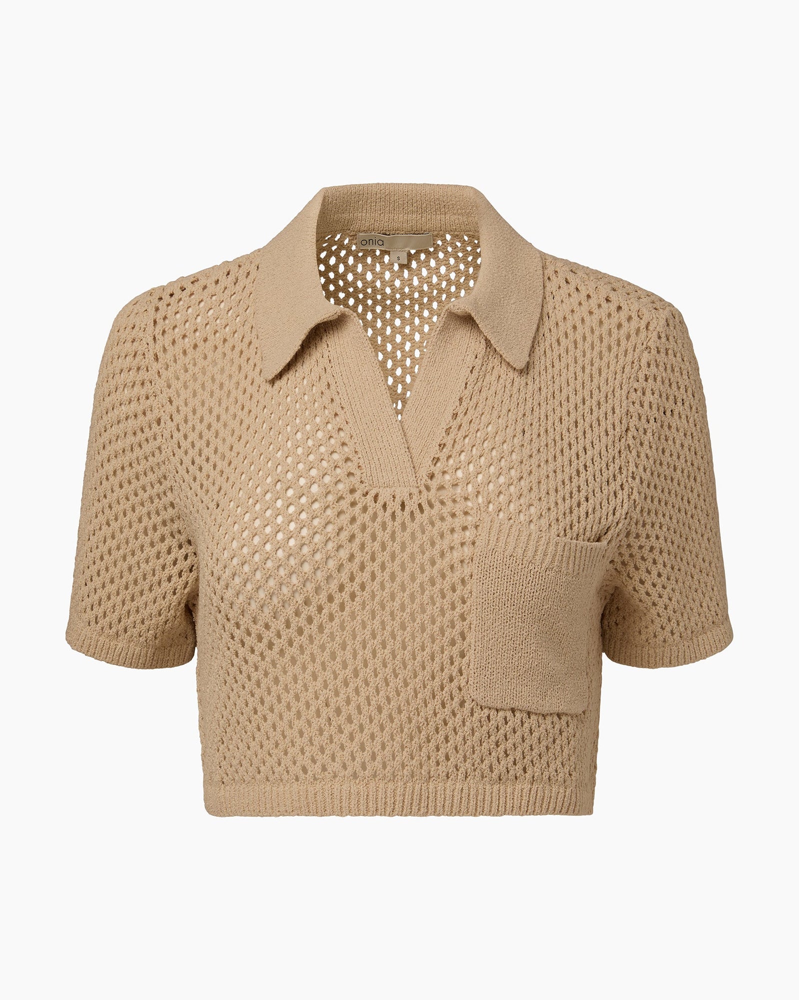 Womens | Crochet Knit Cropped Polo | Sandshell