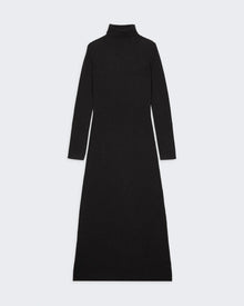 Wide Rib Turtleneck Dress In Cashmere - Black, long slim fit rib knit dress with high rib sleeve cuffs and fold-over neck trim.