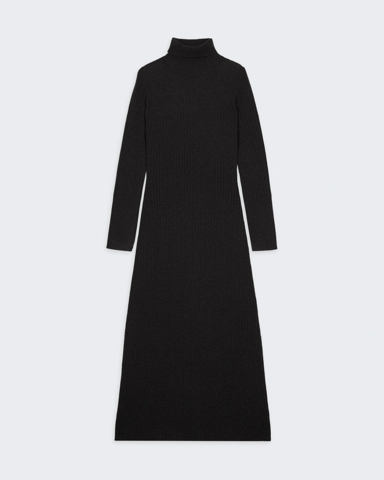 Wide Rib Turtleneck Dress In Cashmere - Black, long slim fit rib knit dress with high rib sleeve cuffs and fold-over neck trim.