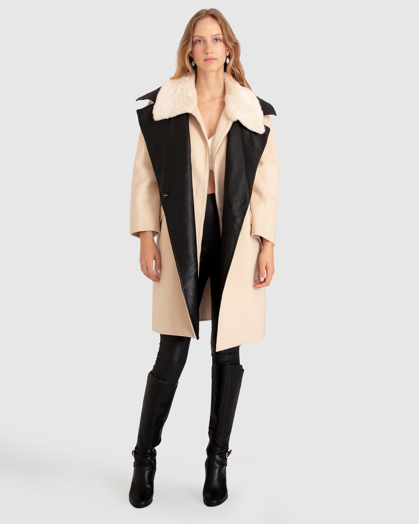 Women | Watch Me Go Oversized Leather Trimmed Coat | Pale Oat