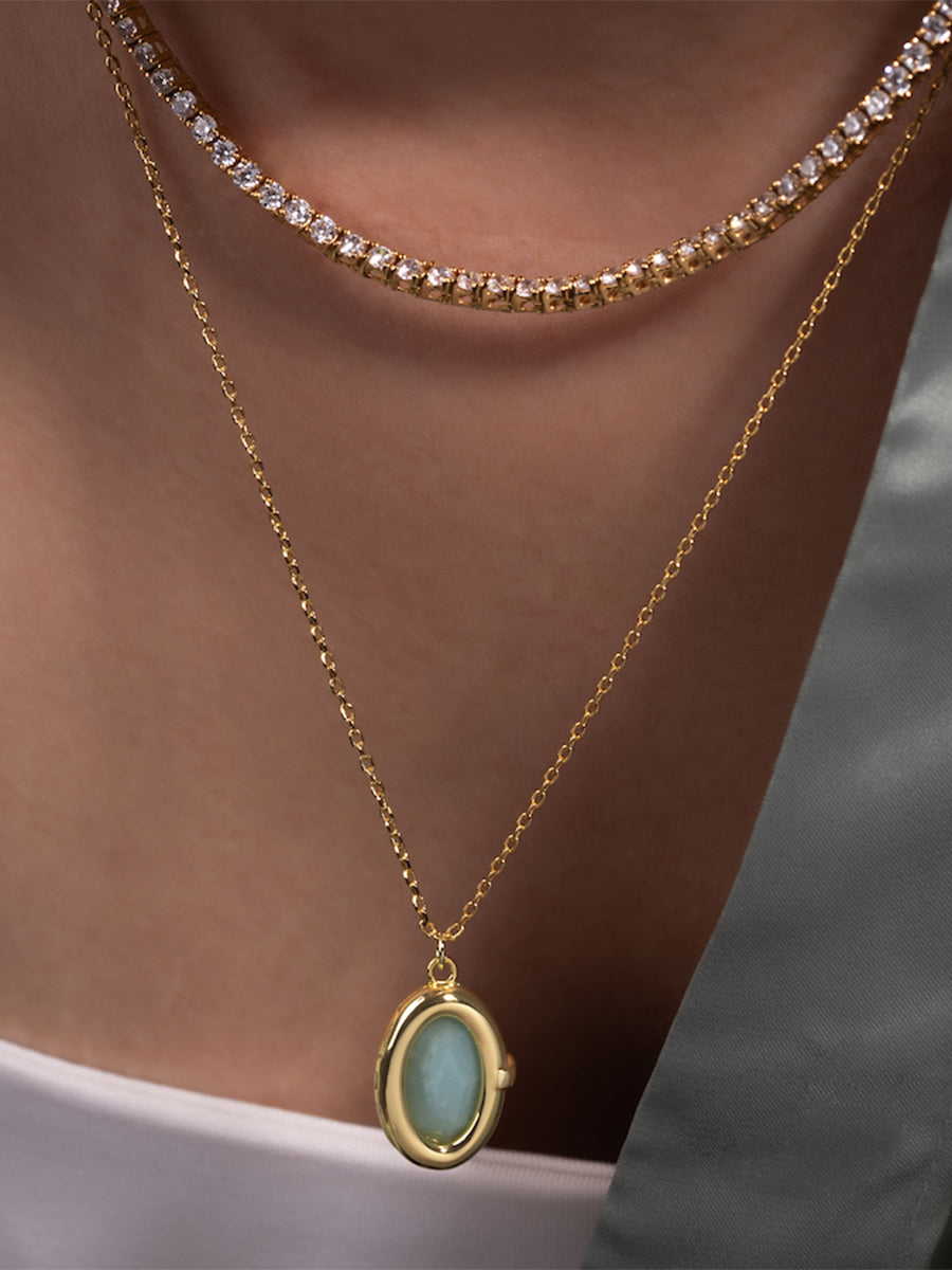 Aura Amazonite Locket Necklace | Amazonite | 14K Gold Plated Brass