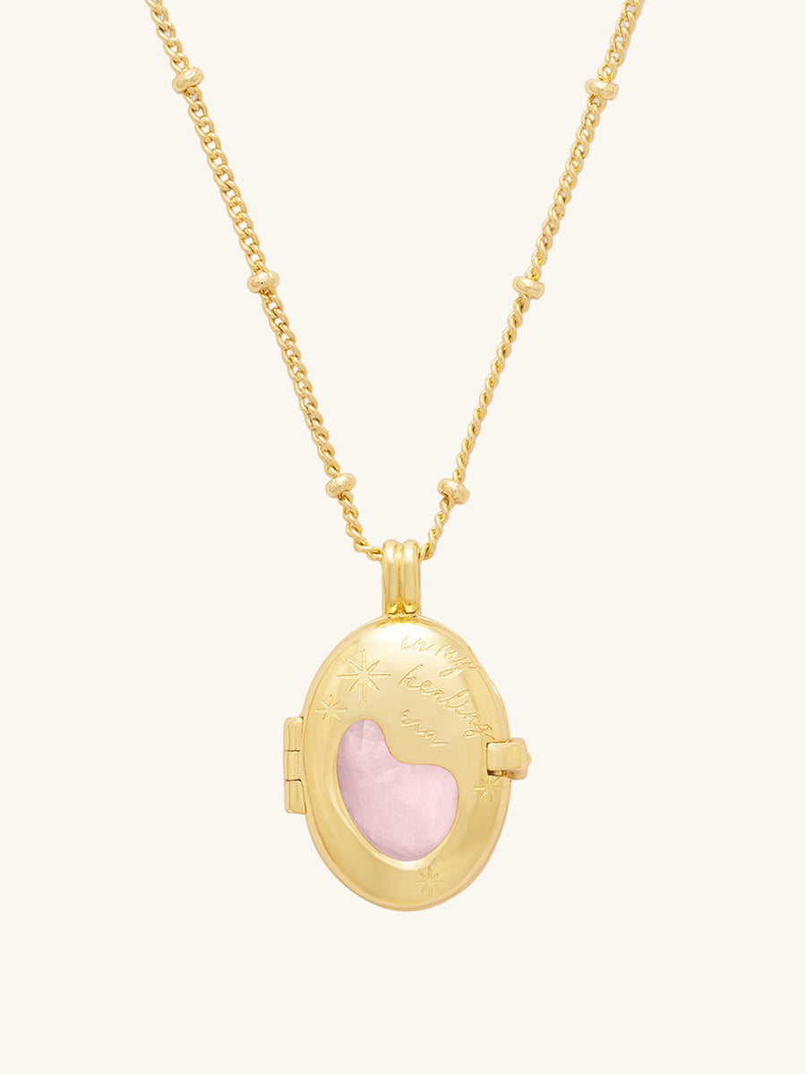 Healing Rose Quartz Locket Necklace | Rose Quartz | 14K Gold Plated Brass