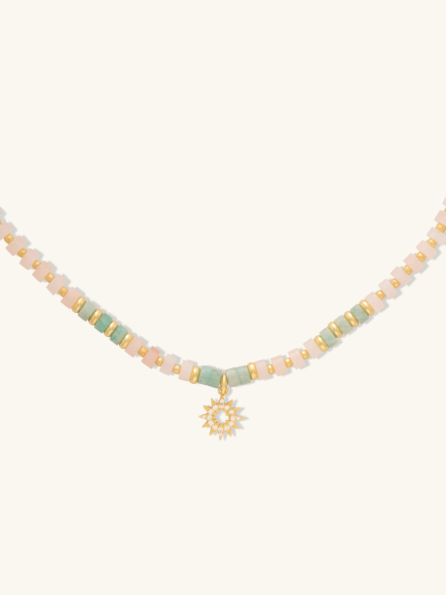 Sun Hues Beaded Necklace | Pink Opal/Amazonite/5A Grade Cubic Zirconia | 14K Gold Plated Brass