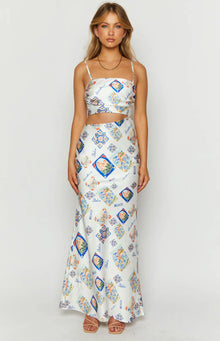 Willa Satin Italia Print Maxi Dress | White