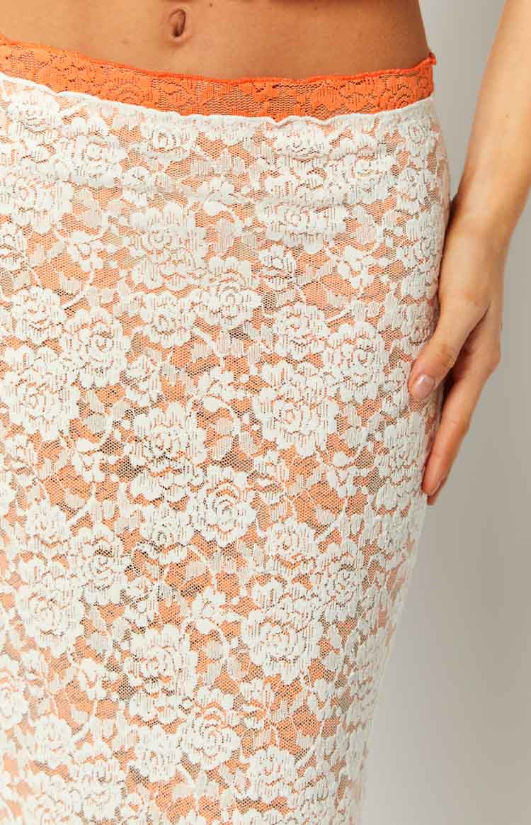Willow Contrast Lace Midi Skirt | Orange