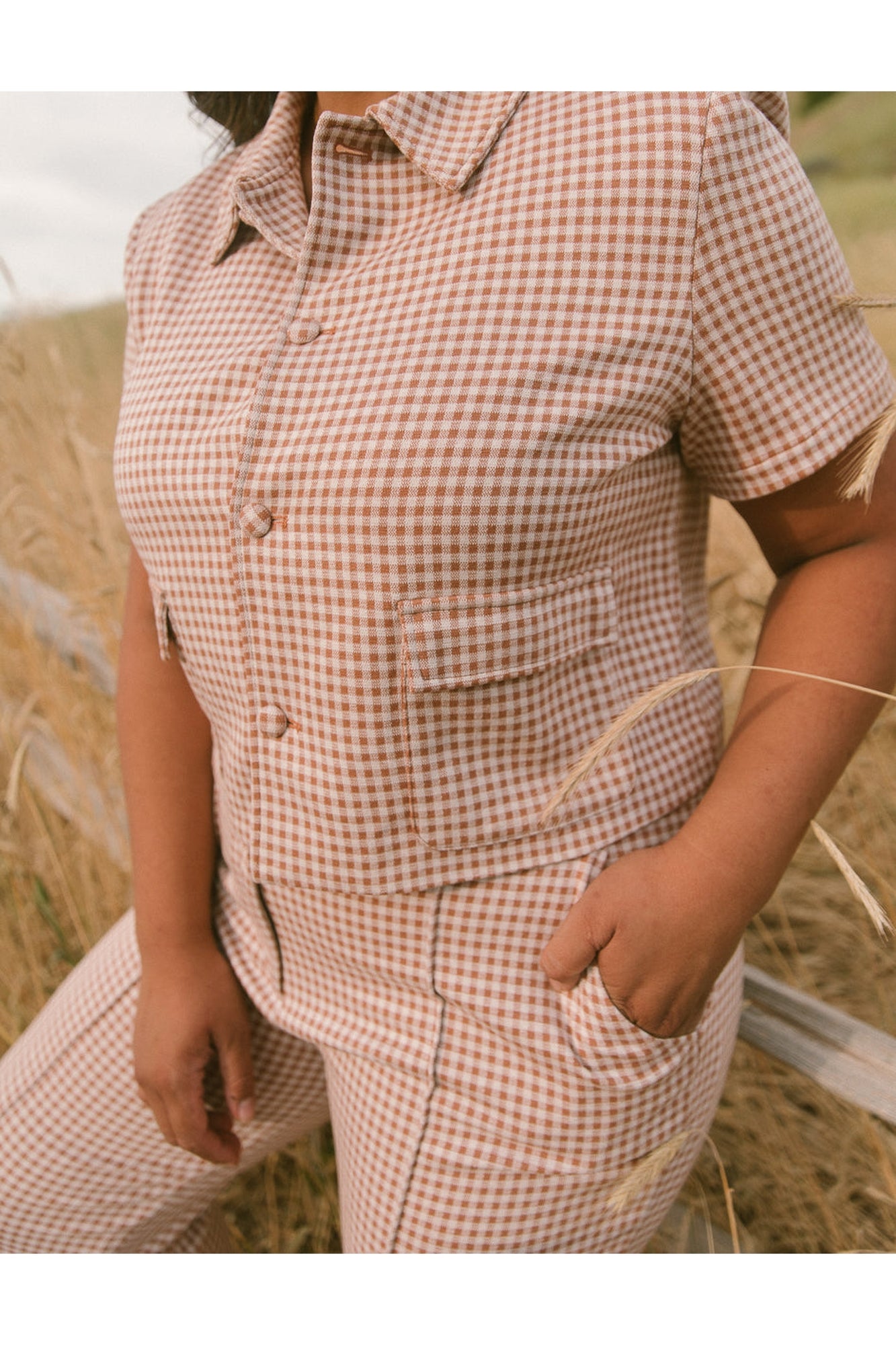 Women | Drew Blouse | Tan x Gingham