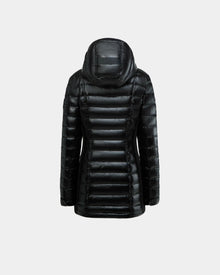 The Rudsak COSETTE C - L124011 Black is a womens fitted down jacket with glossy quilted fabric, a hood, horizontal stitching, and a tailored shape, shown from the back against a light grey background.