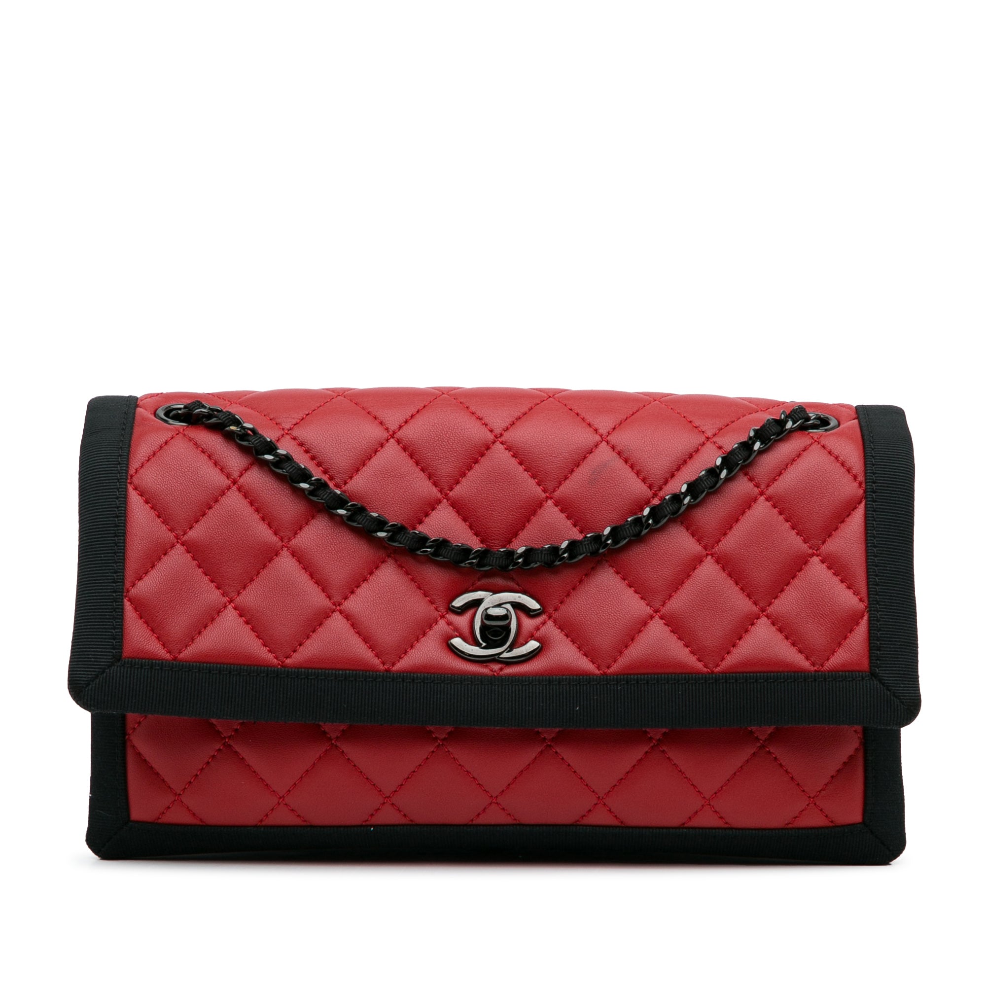Chanel | Pre-Owned CC Grossgrain trim Lambskin Flap Shoulder Bag | Red