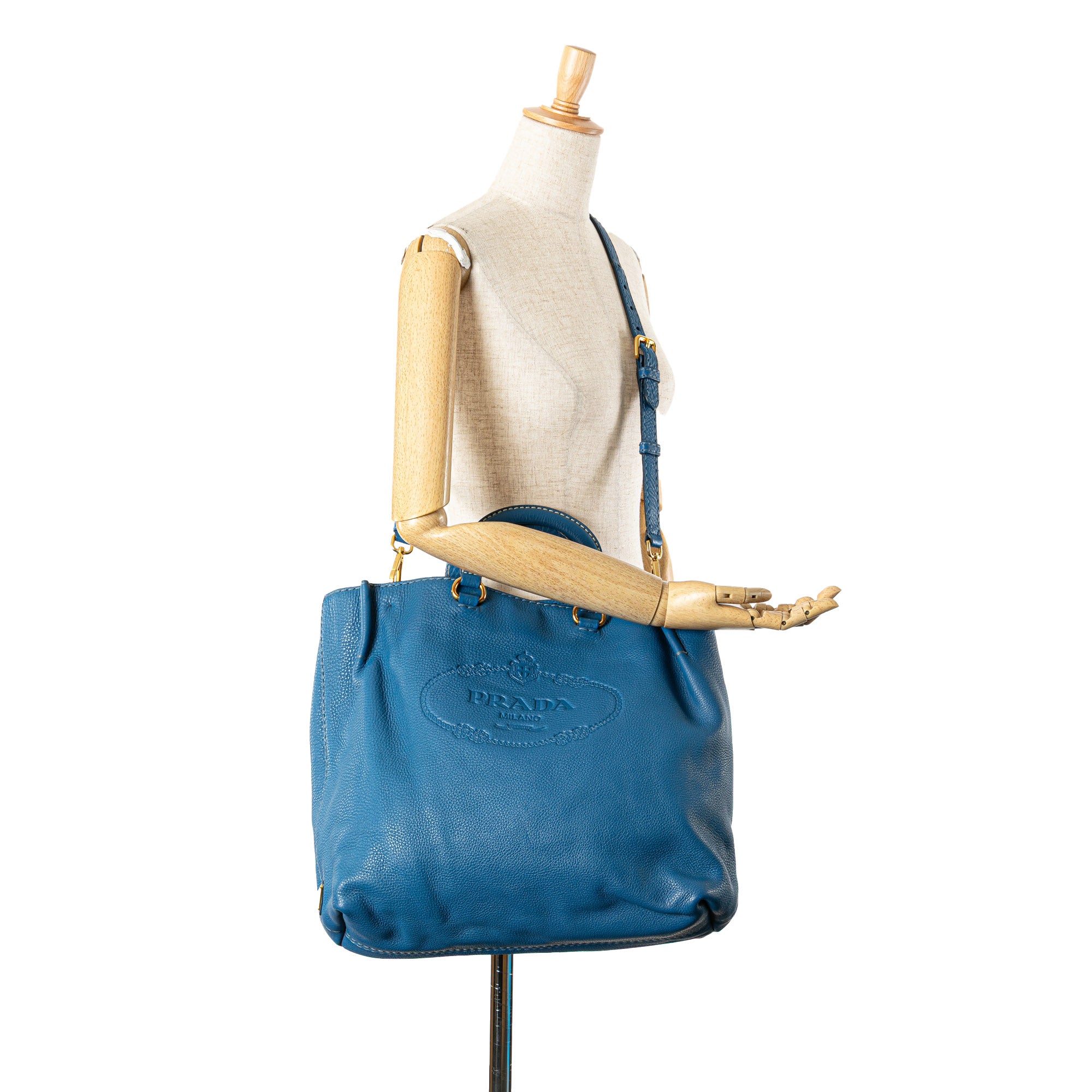 Prada | Pre-Owned Vitello Daino Canapa Open Convertible Tote | Blue