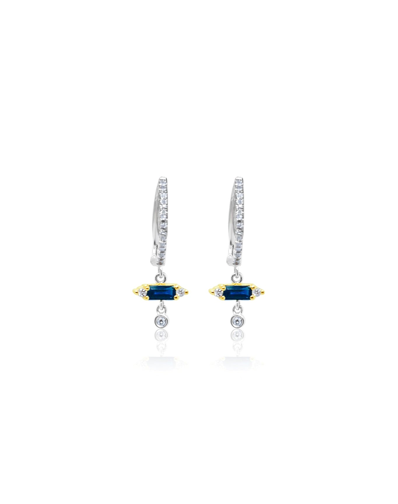 Yellow and White Gold Blue Sapphire Diamond Hoop Dangle Earrings | Two Tone
