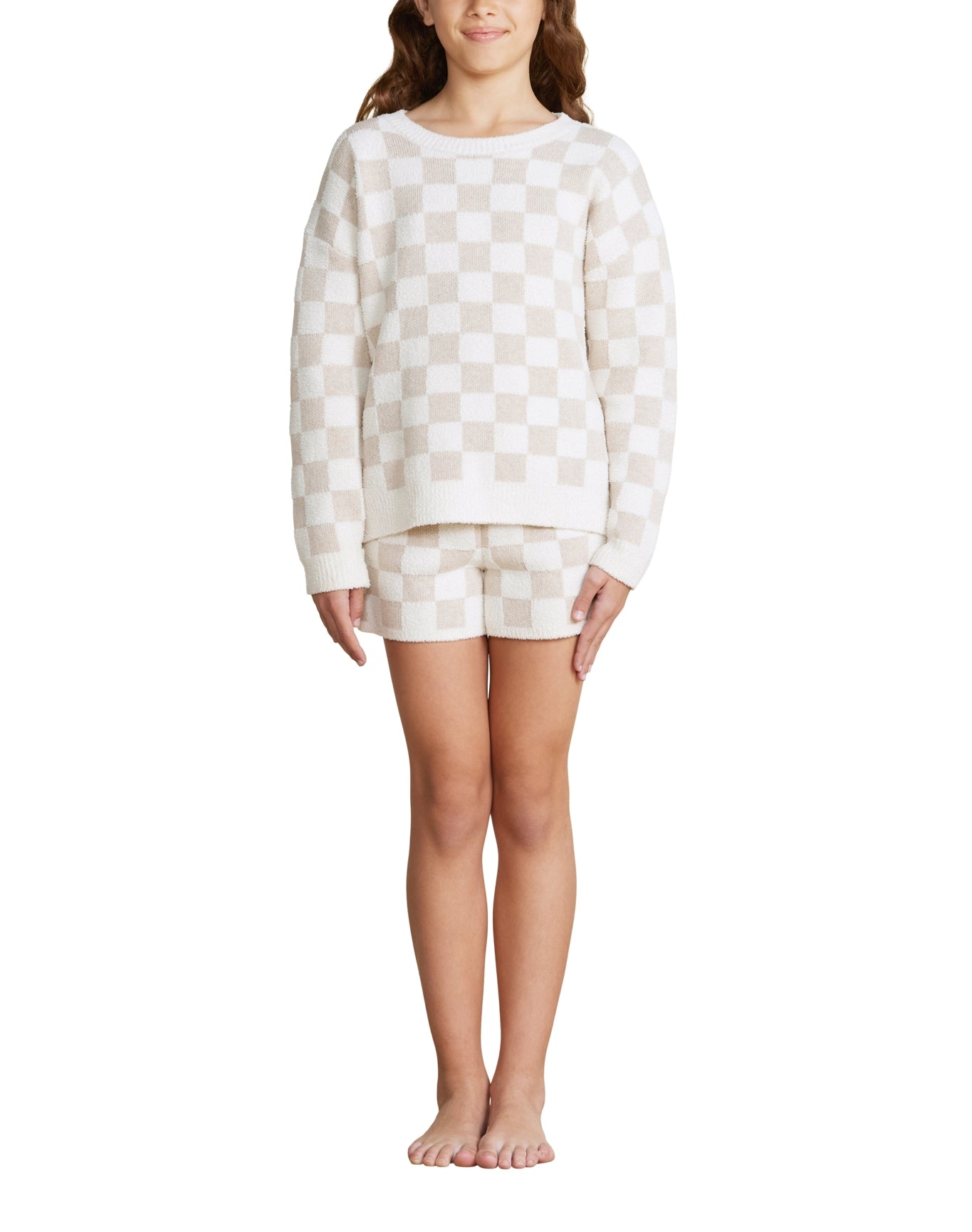 Youth | Cozychic Cotton Checkered Pullover | Oatmeal-Cream