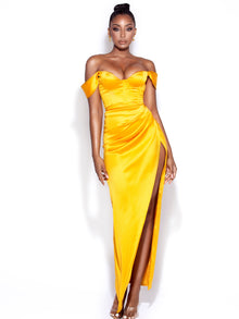 Zarah High Slit Corset Satin Dress | Yellow