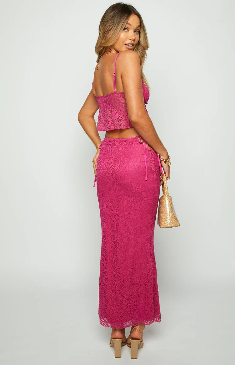 Alexia Lace Tie Up Maxi Skirt | Fuschia