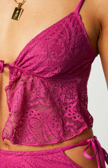 Fuschia lace crop top with tie-up front detail and delicate scalloped edges
