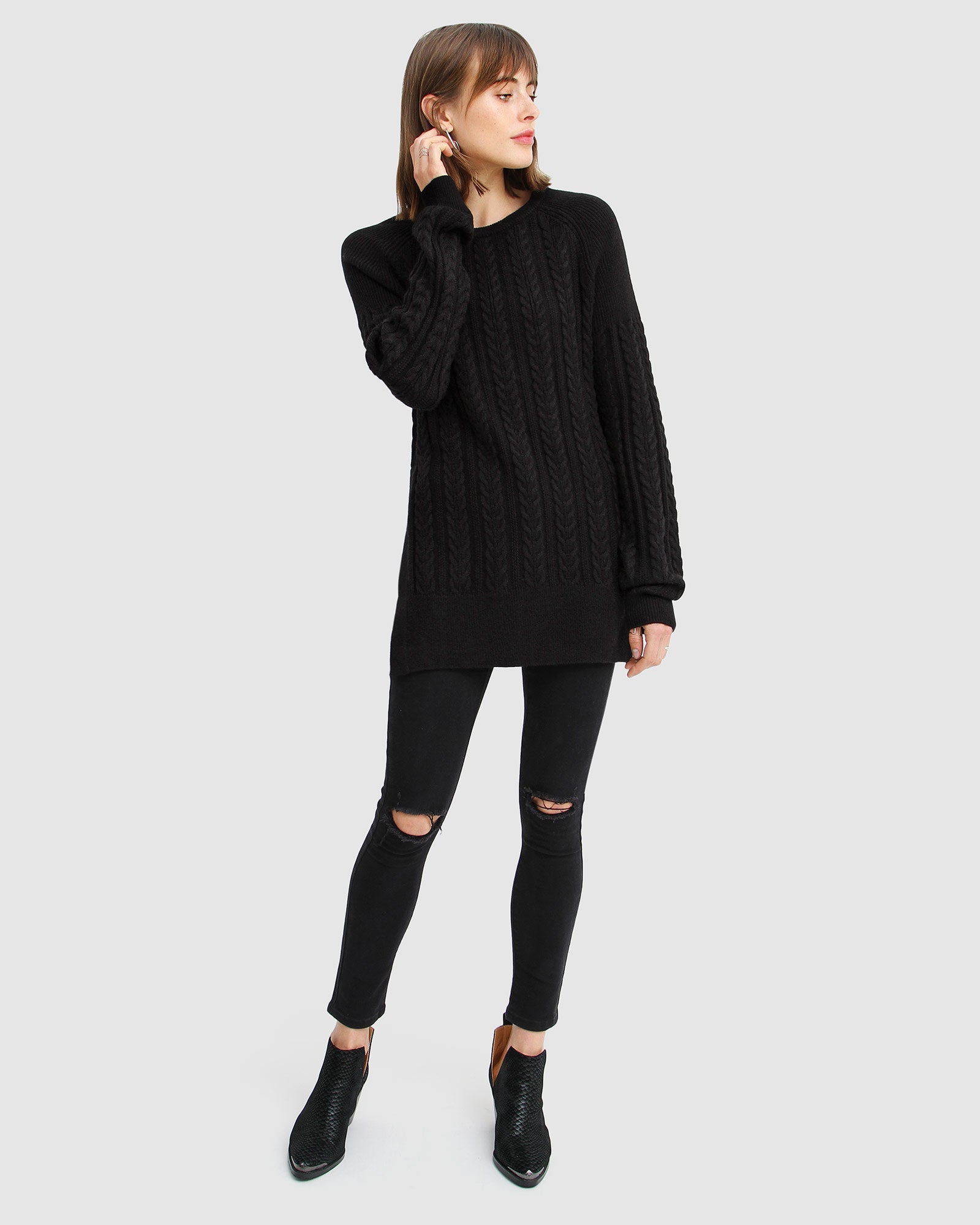 Women | At Last Cable Knit Jumper with Slit | Black